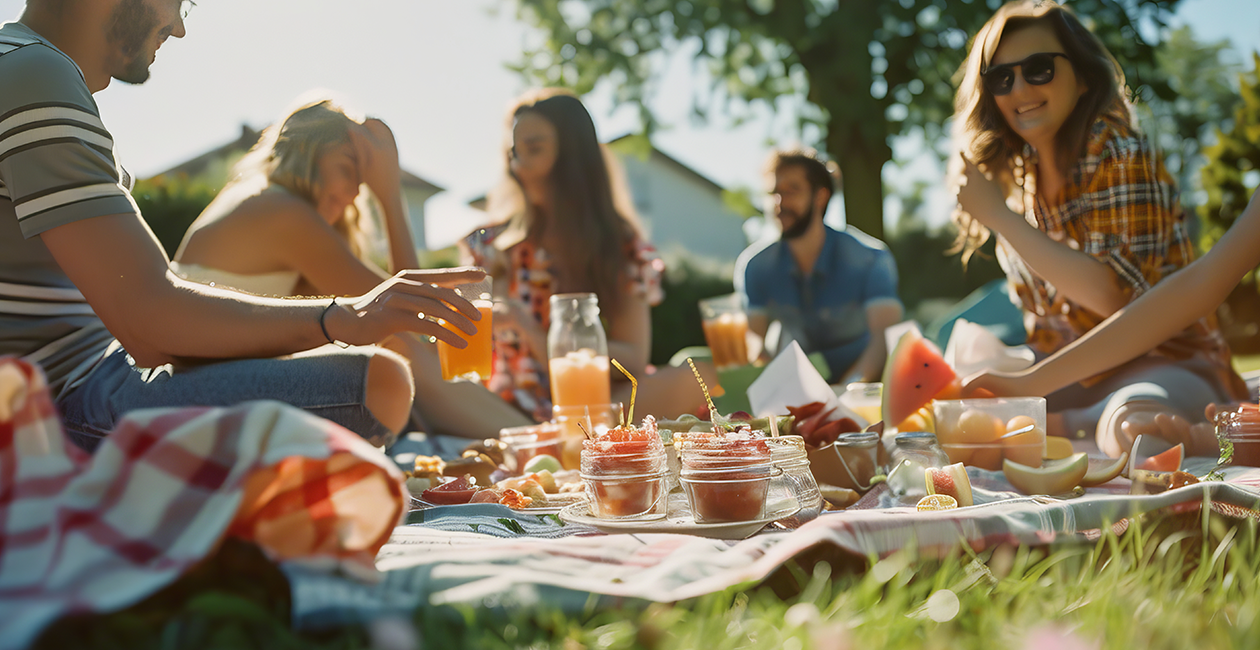 A group of people sitting on a picnic blanket surrounded by food and drinks