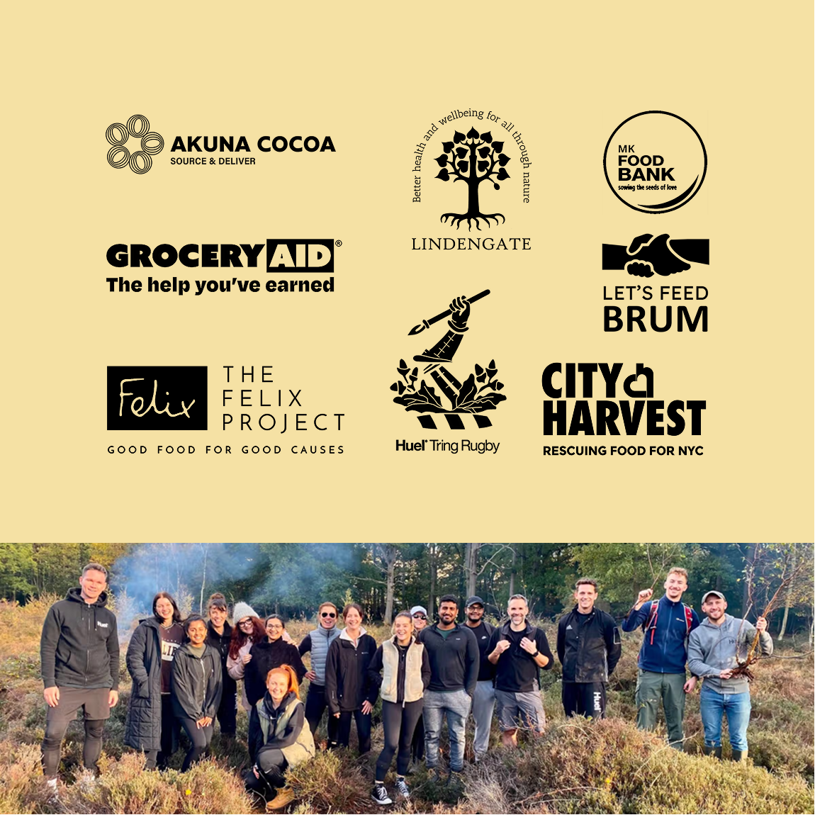 A list of charities Huel works with and a picture of Huel employees volunteering