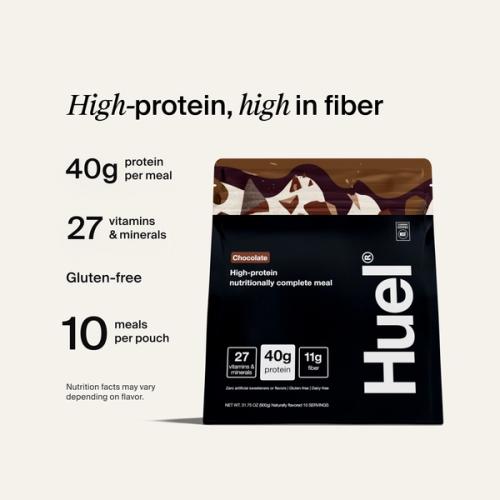 A large Huel high protein meal pouch next to text listing 40g protein per meal, 27 vitamins and minerals, gluten free, and 10 meals per pouch. The design emphasizes high protein and high fiber nutrition.