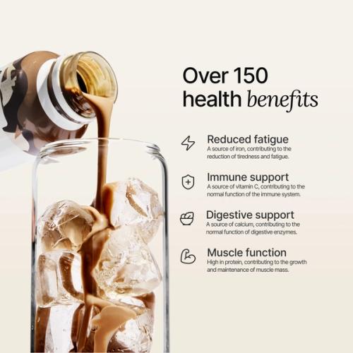 Chocolate Ready-to-drink being poured into a glass. Featuring 150 health benefits callout