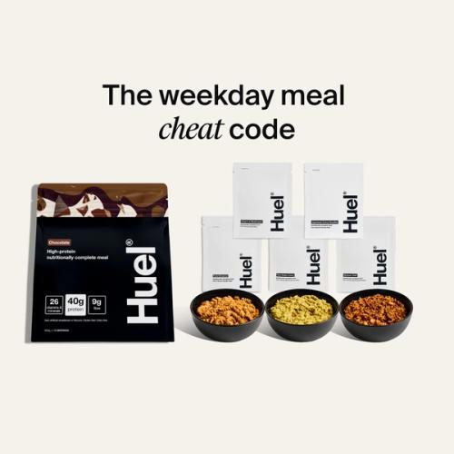 Alt: Huel Black Edition Powder and Hot & Savory Meal Packs with prepared meals, alongside text reading “The weekday meal cheat code.”