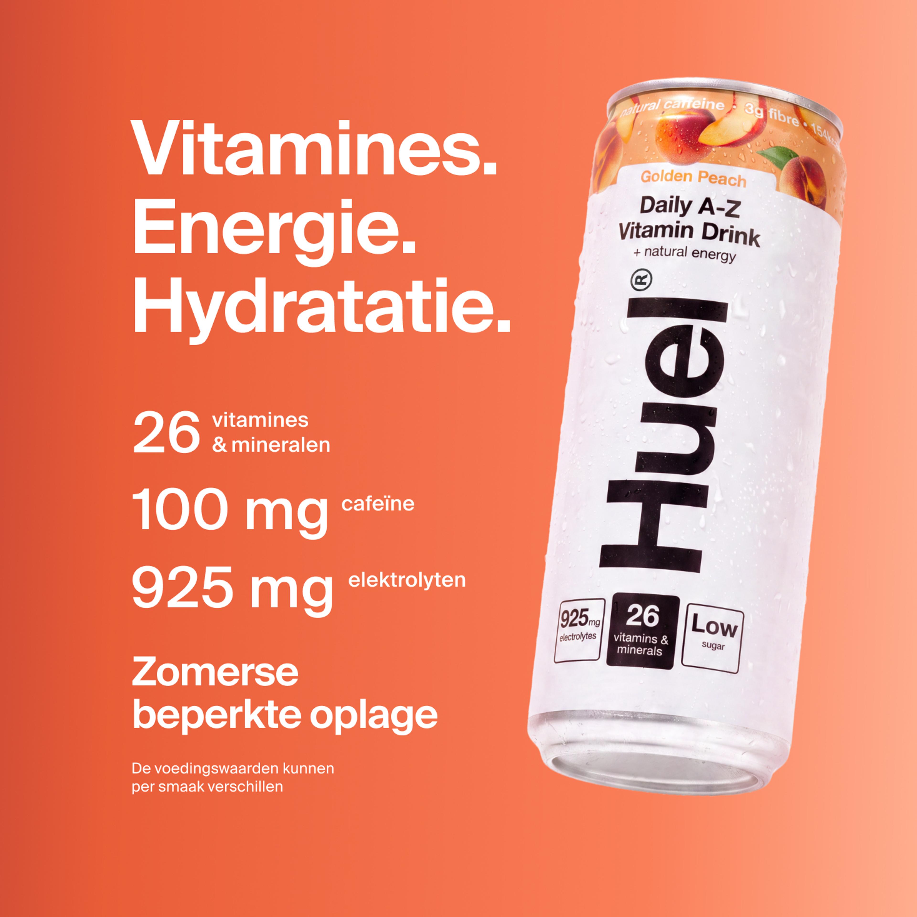Alt, caffeinated flavours: Huel Daily A-Z Vitamin Drink can, alongside text highlighting 26 vitamins and minerals, 100mg caffeine, 925mg electrolytes, and low sugar.