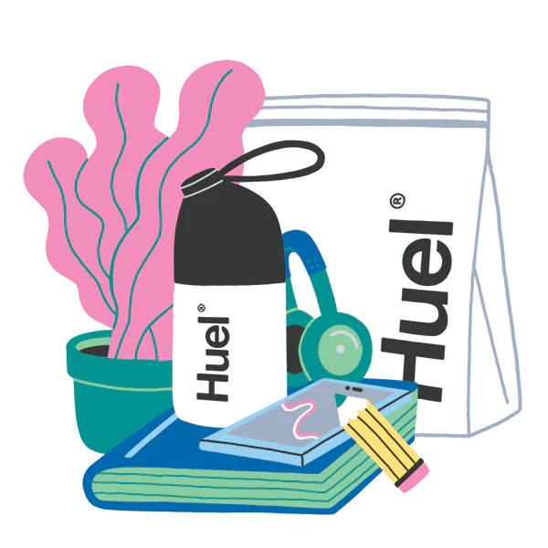 Cartoon image of a Huel shaker, a pouch of Huel Original Powder, book, pencil, phone, and plant
