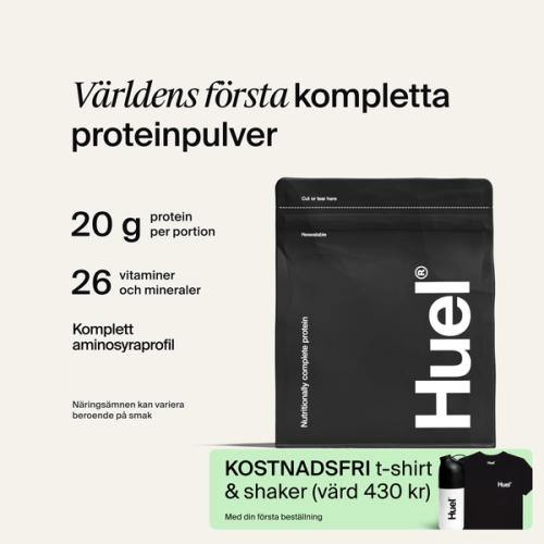 Black bag of Huel Complete Protein powder on a neutral colour background, accompanied by key benefits of Huel