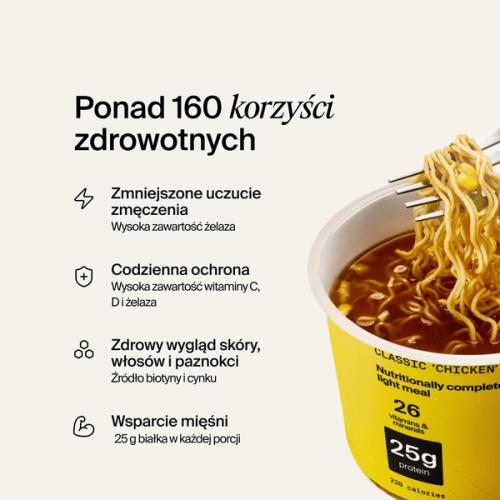 Otwarty pojemnik Huel Lite Ramen na neutralnym tle z wymienionymi korzyściami