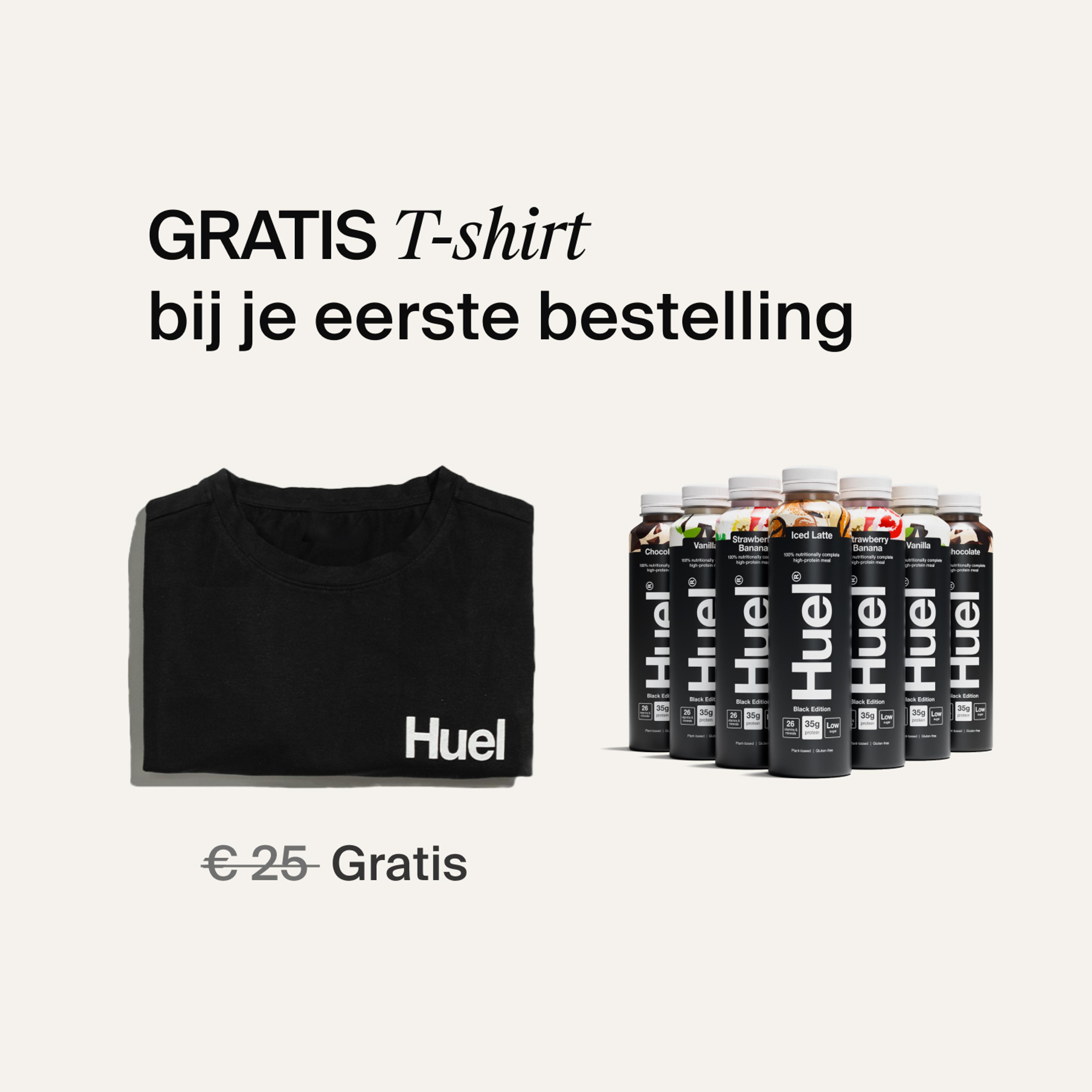 A selection of Huel Black Edition Ready-to-drink protein drinks next to a folded Black Huel t-shirt