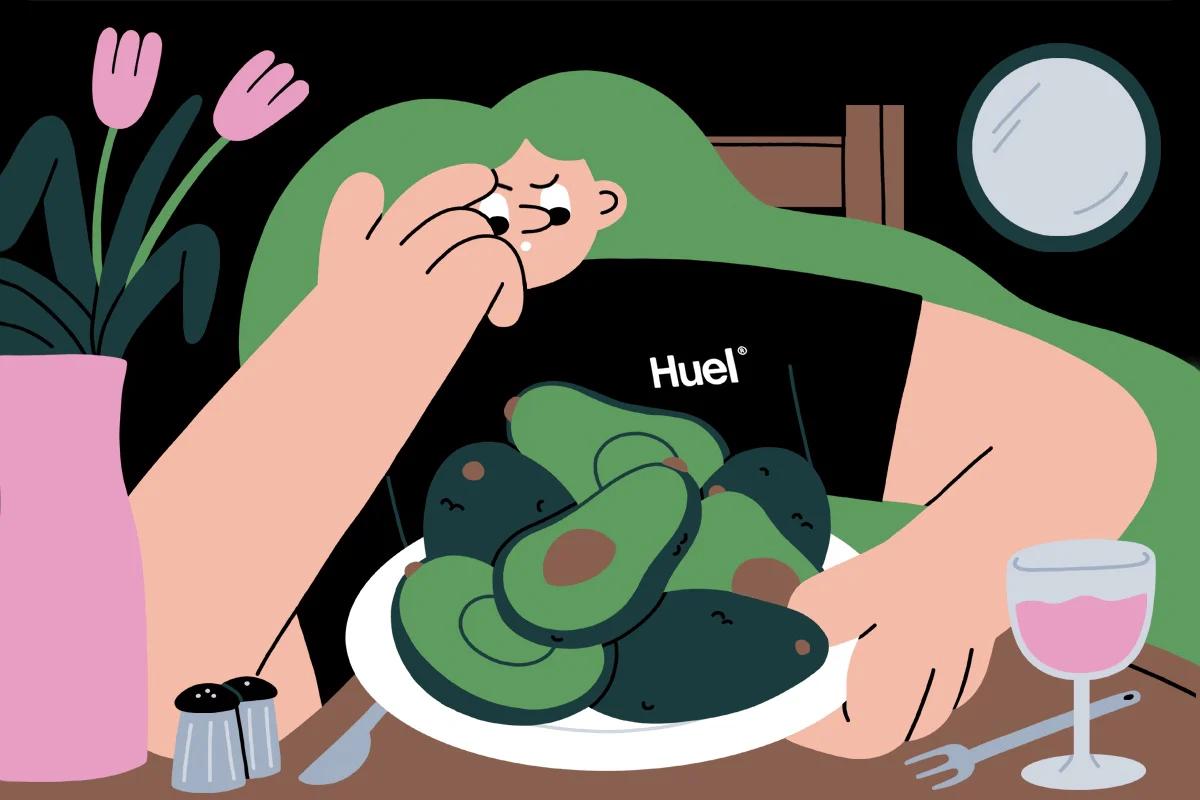 Cartoon woman wearing a Huel t-shirt with a plate of avocados in-front of her