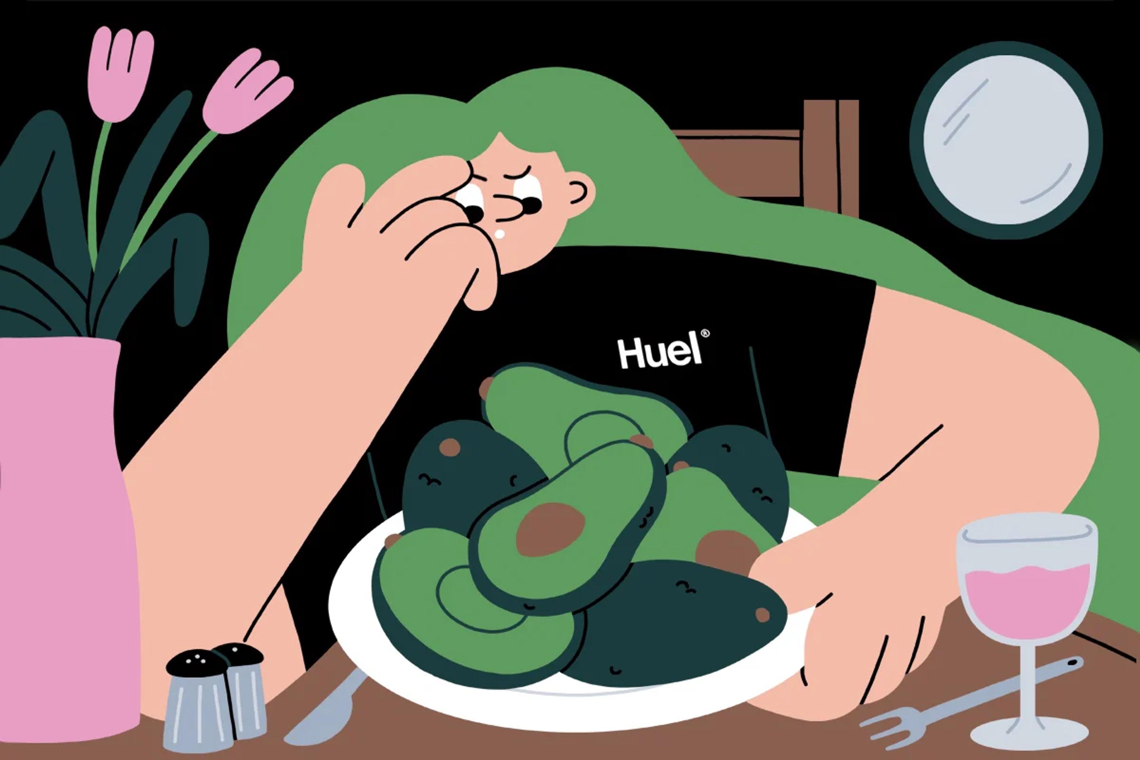 Cartoon woman wearing a Huel t-shirt with a plate of avocados in-front of her