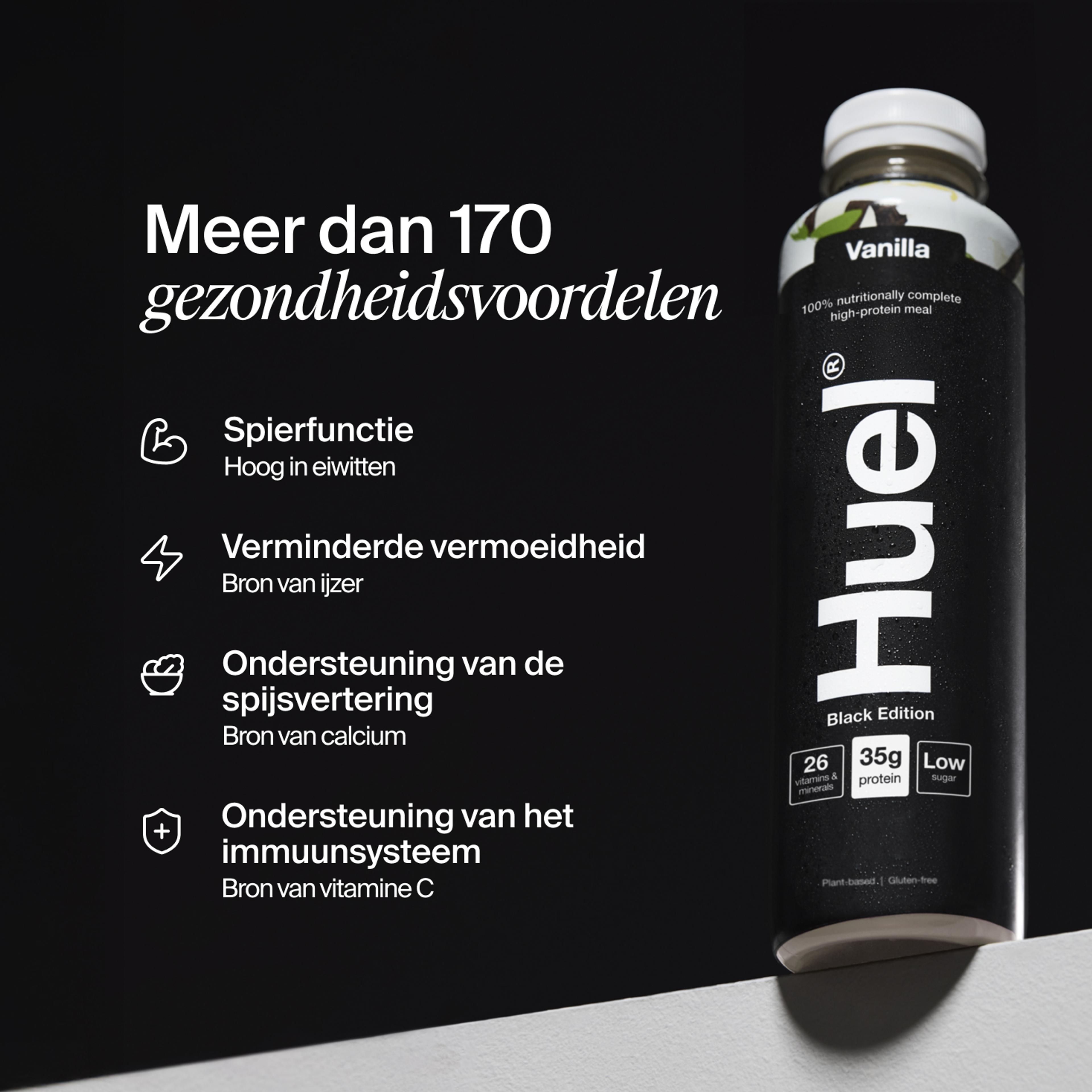 Bottle of Huel Ready-to-drink with health benefits written beside it