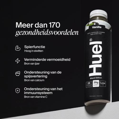 Bottle of Huel Ready-to-drink with health benefits written beside it