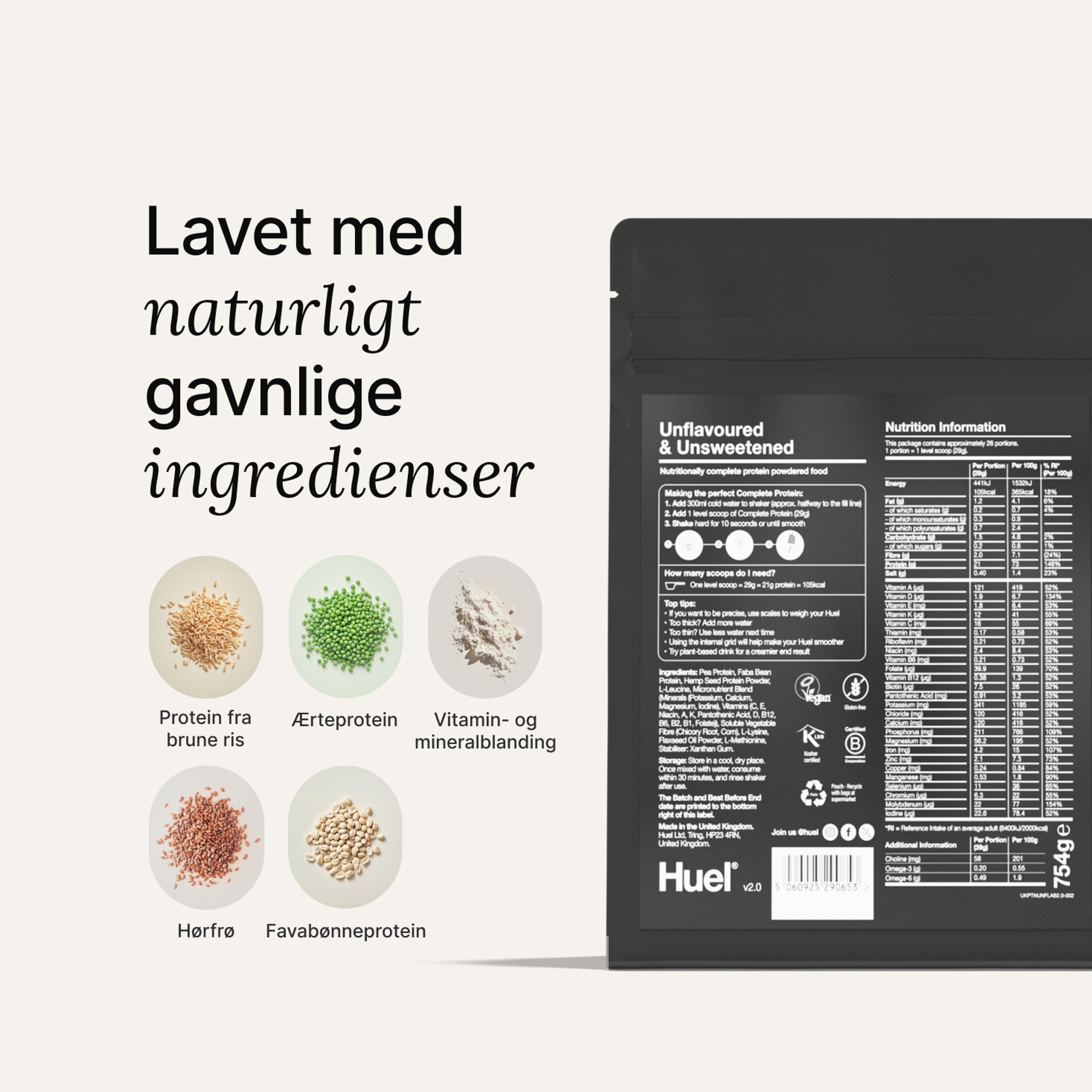 the back of a Huel complete protein powder bag containing nutritional information