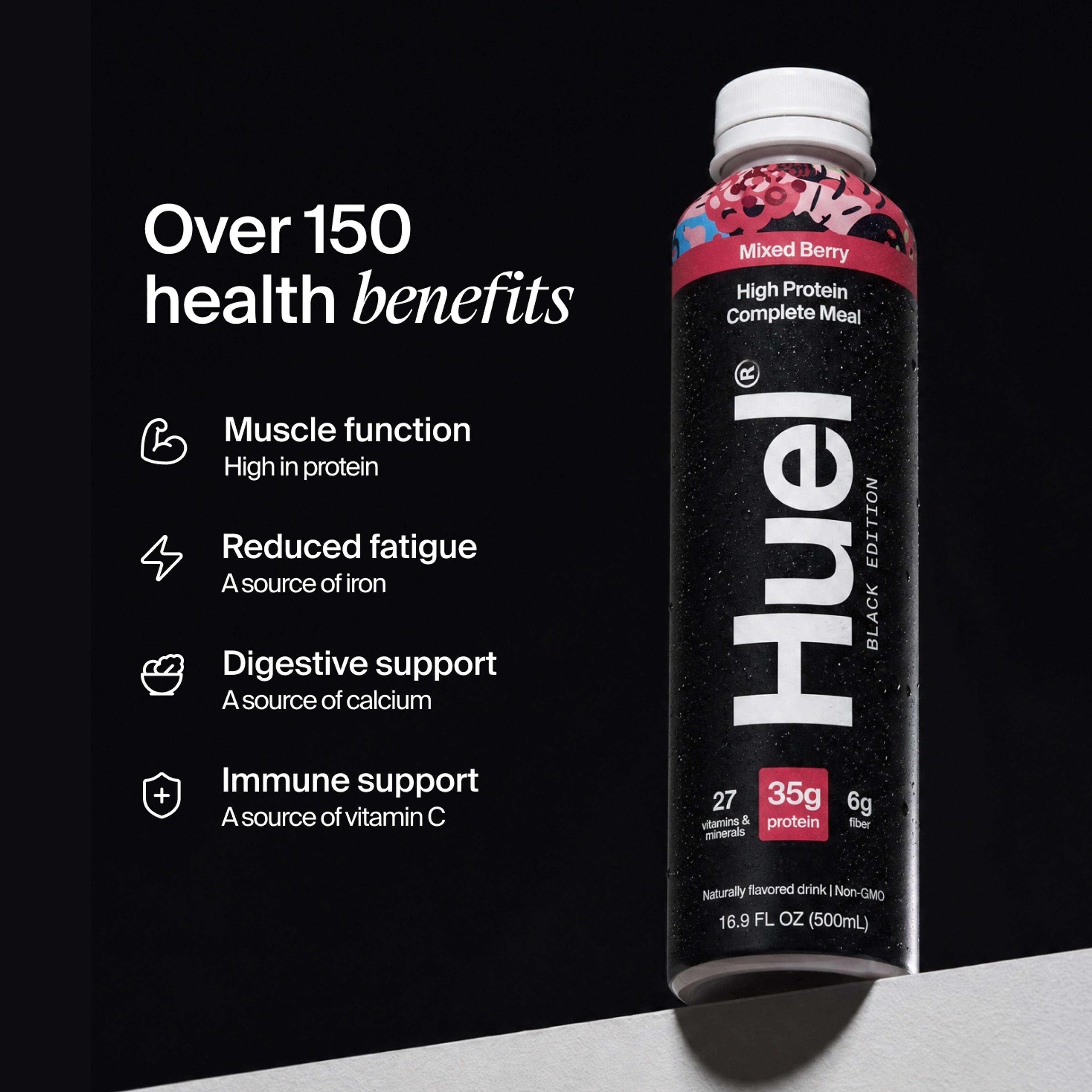Bottle of Huel Ready-to-drink with health benefits written beside it