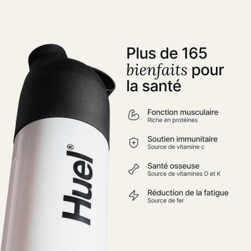 A black and white Huel shaker on a neutral colour background with health benefits in text beside it