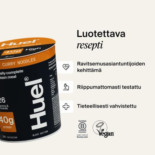 A pot of Huel Lite Ramen next to various callouts and logos