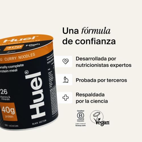 A pot of Huel Lite Ramen next to various callouts and logos