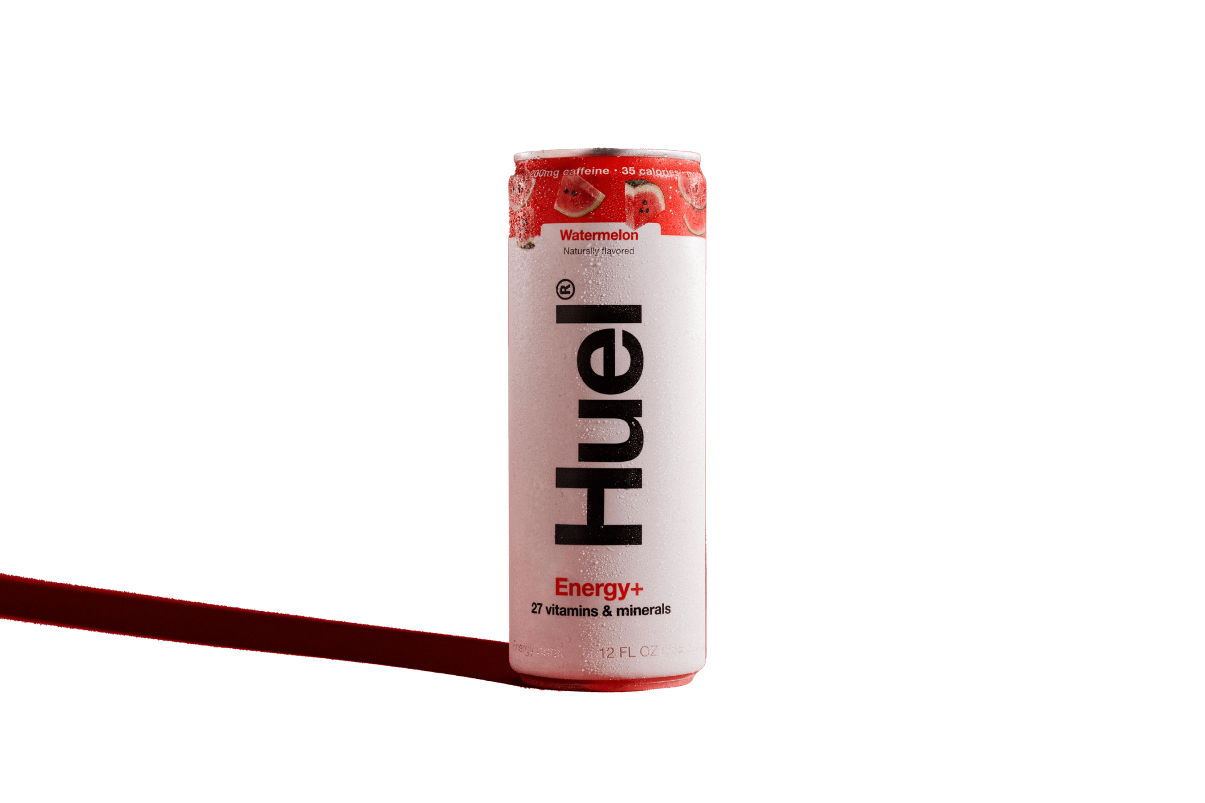 A can of Huel Energy+ on a pink background