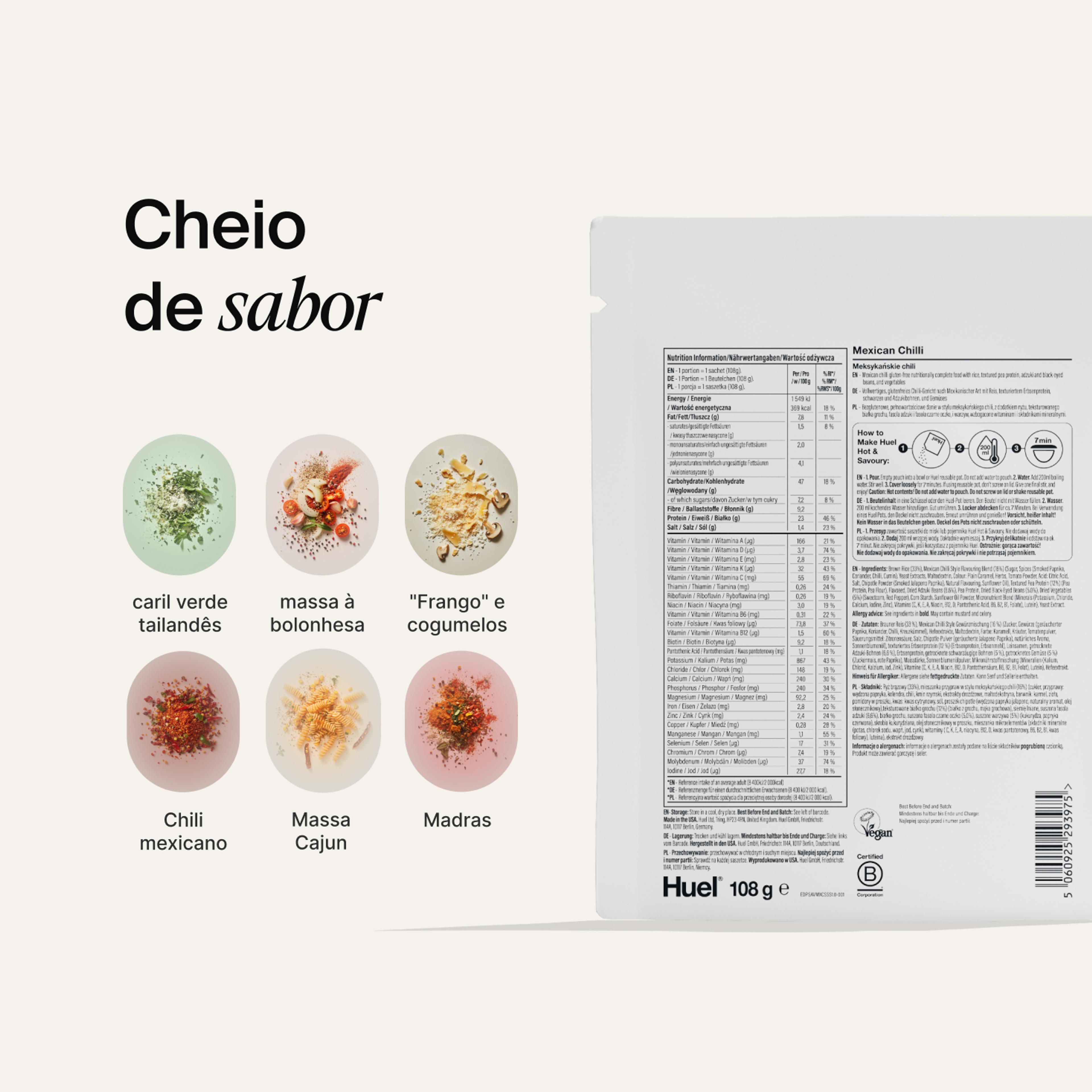 Parte de trás de um pack de refeição Huel Hot & Savoury com informação nutricional