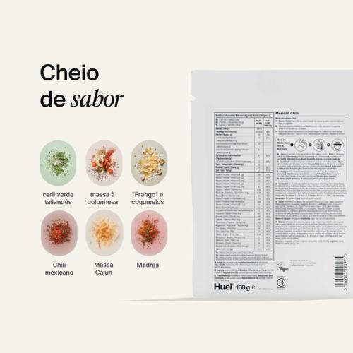 Parte de trás de um pack de refeição Huel Hot & Savoury com informação nutricional