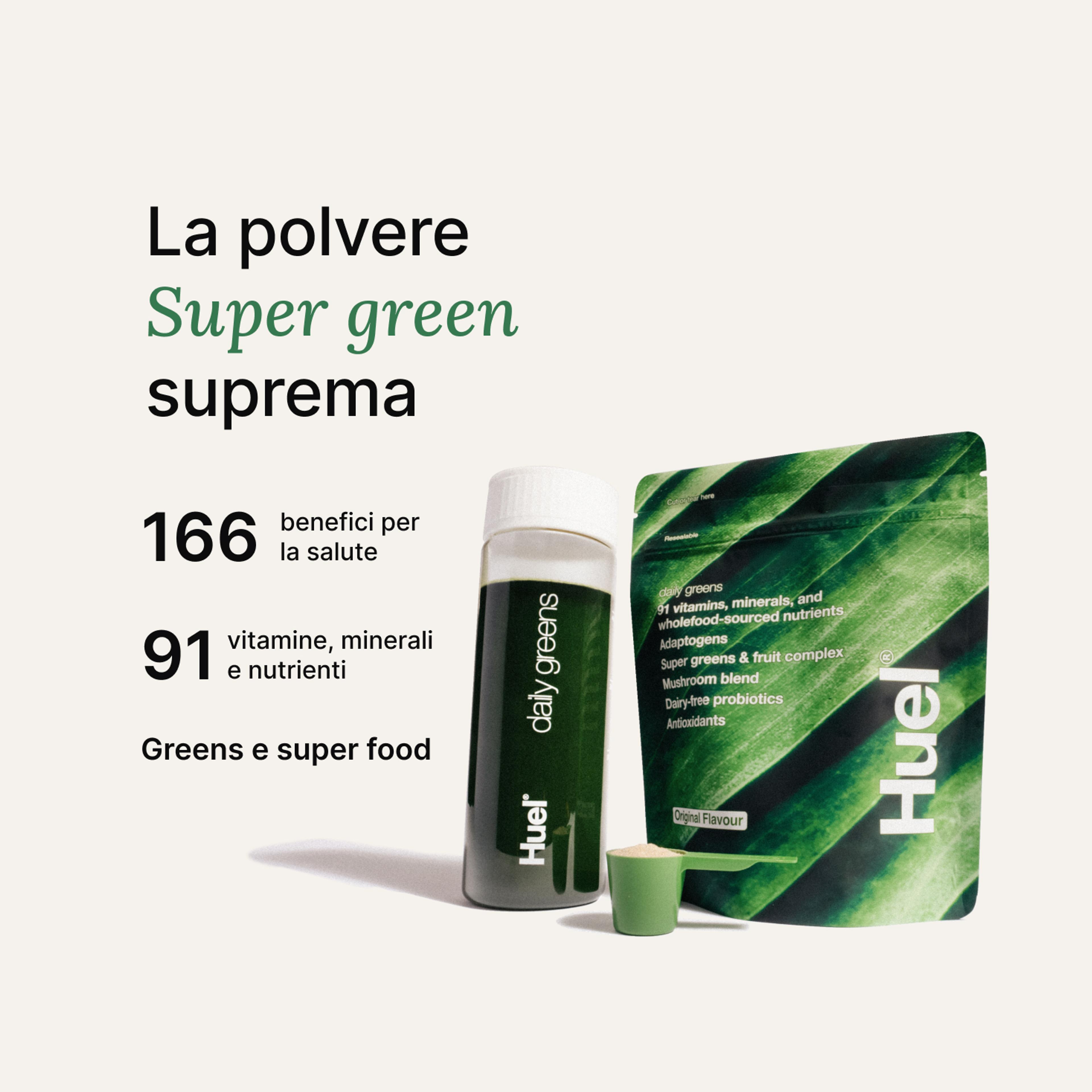 Un'immagine dello shaker Daily Greens, un misurino e una busta con indicazioni nutrizionali