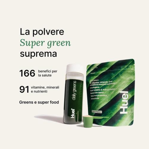 Un'immagine dello shaker Daily Greens, un misurino e una busta con indicazioni nutrizionali