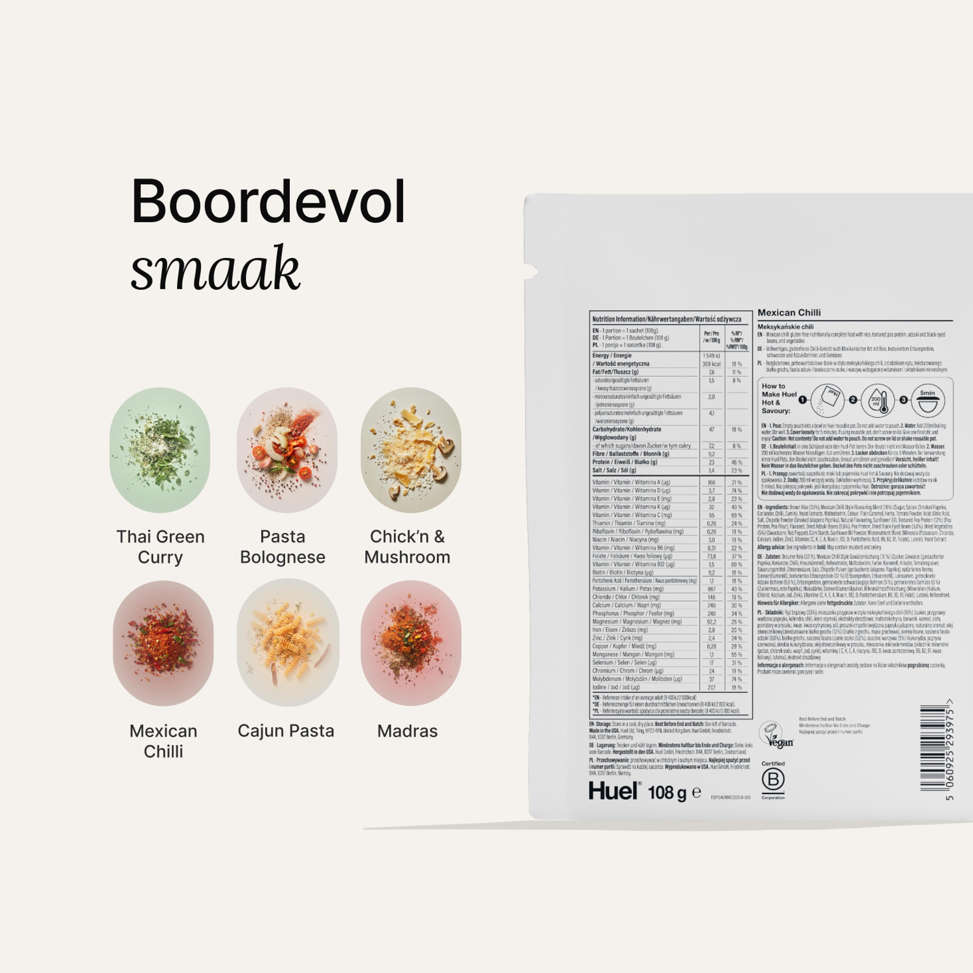 Back of a Huel Hot & Savoury meal pack with nutritional information