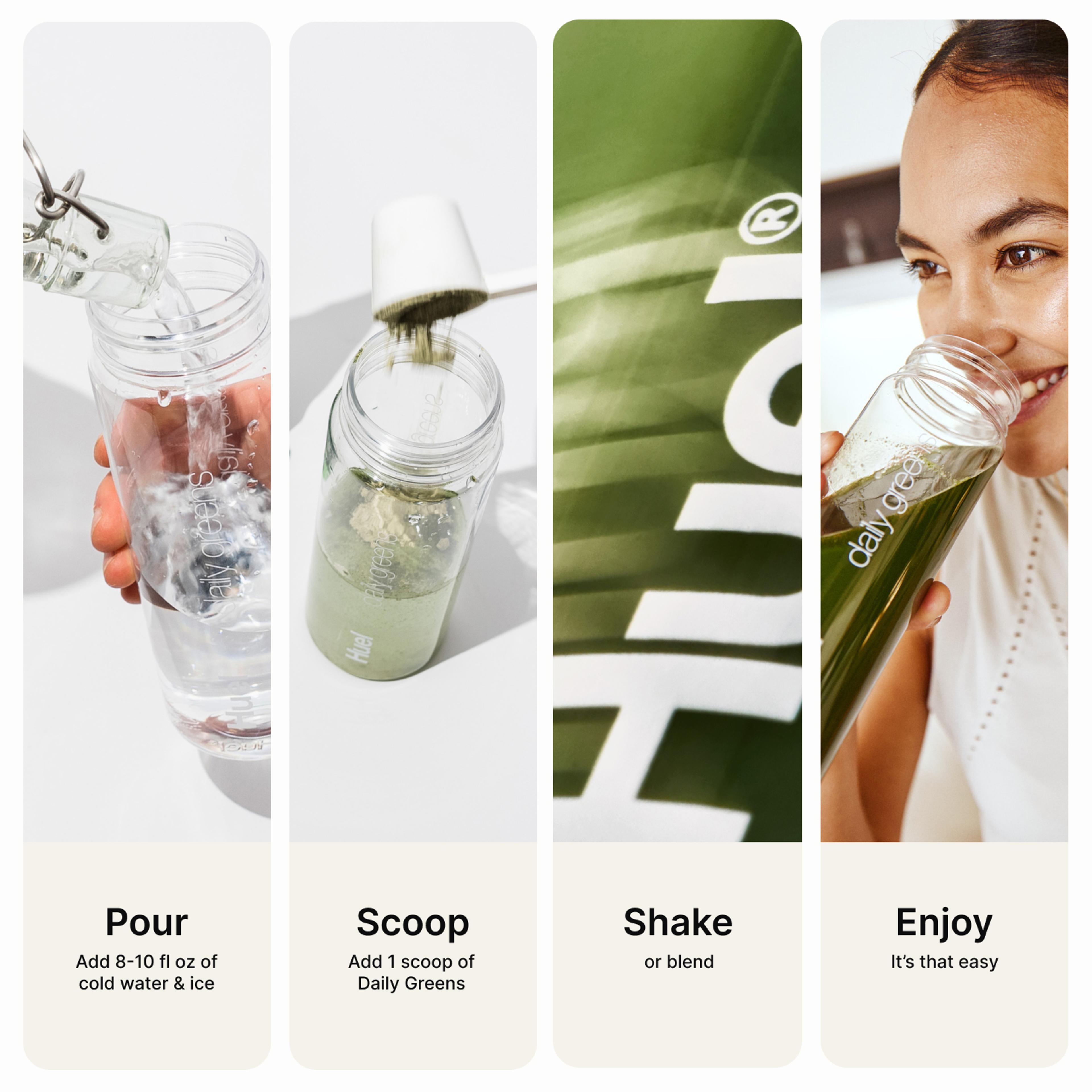 a visual, step-by-step guide for how to prepare the Greens - Add, Scoop, Shake, Enjoy! 