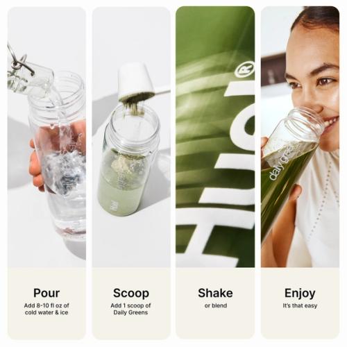 a visual, step-by-step guide for how to prepare the Greens - Add, Scoop, Shake, Enjoy! 