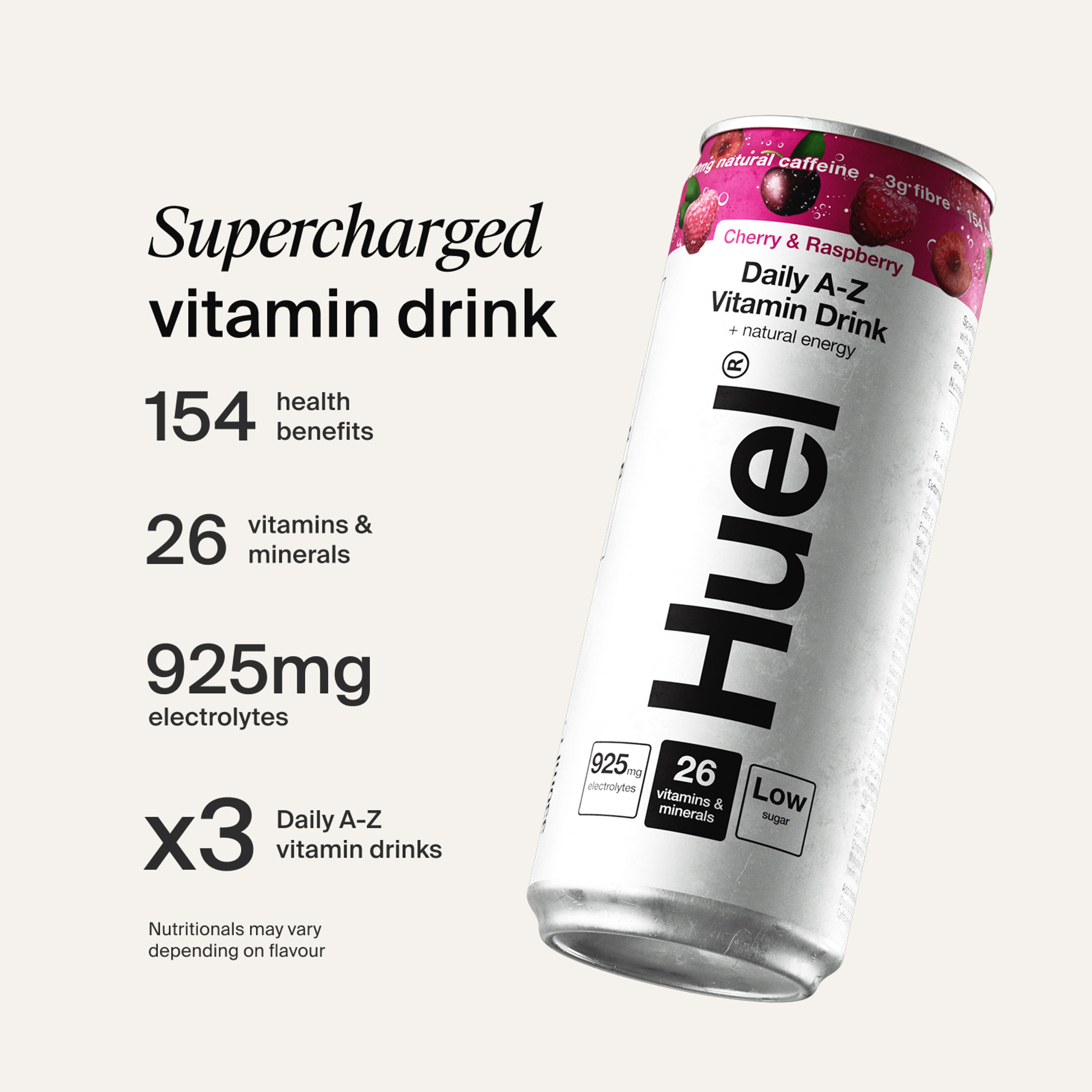 A white and pink can of Cherry & Raspberry flavour Huel Daily A-Z Vitamin drink