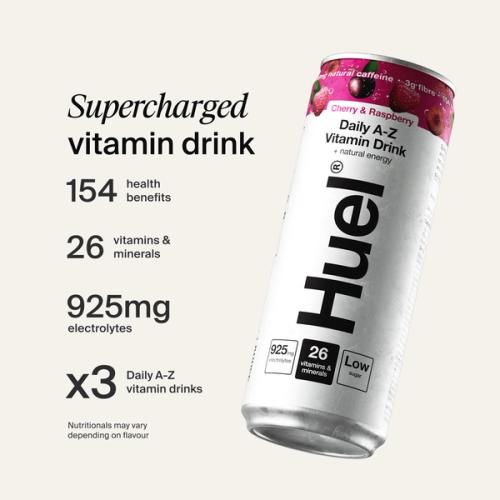A white and pink can of Cherry & Raspberry flavour Huel Daily A-Z Vitamin drink