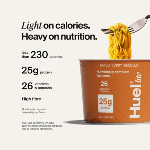 Alt: Huel Ramen Lite pot with noodles being lifted, alongside text highlighting fewer than 230 calories, 25g protein, 26 vitamins and minerals, and high fibre.