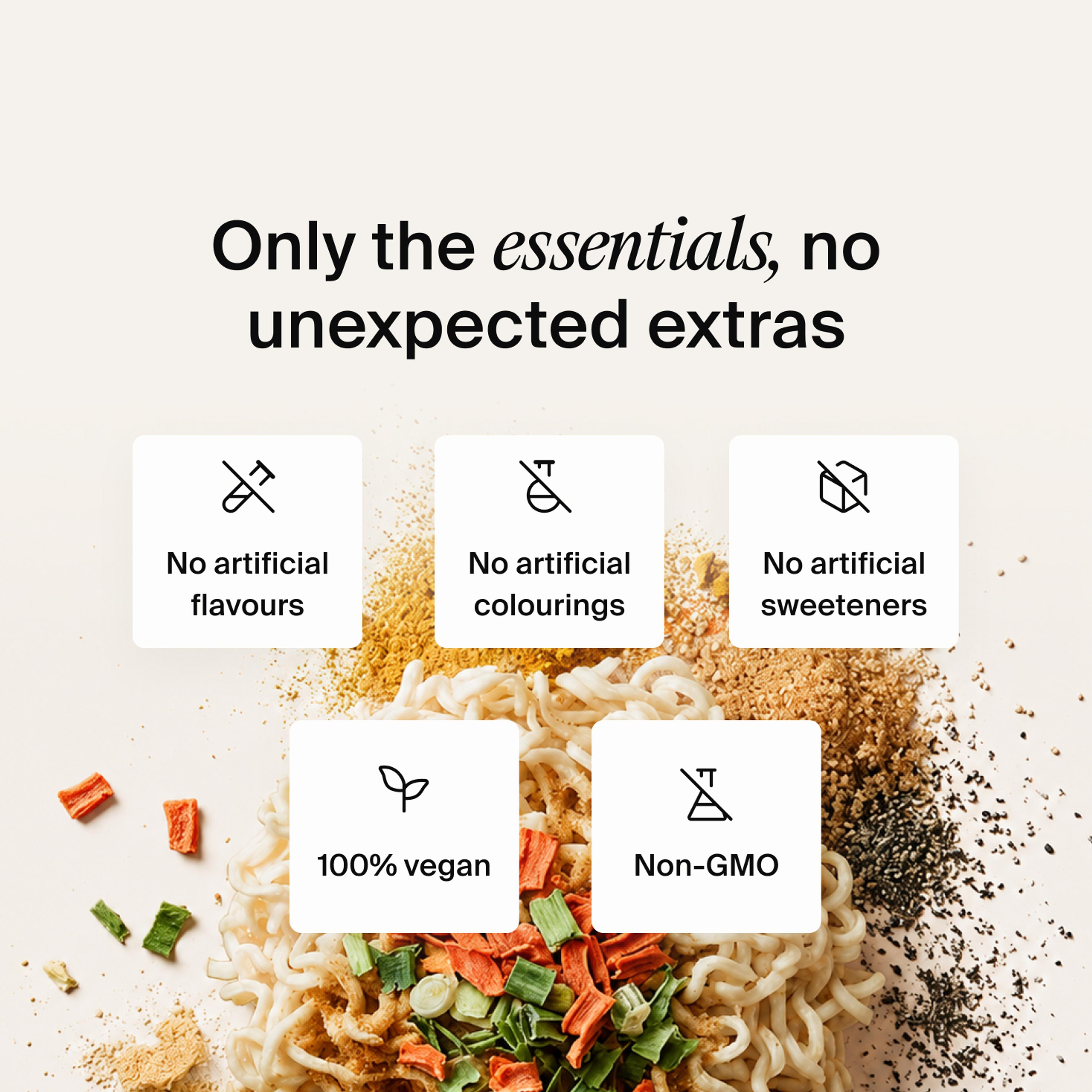 Dried vegetables, herbs and noodles mixed on a neutral colour background