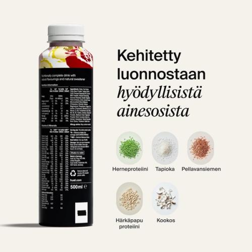 Black Edition RTD -pullo, jonka vieressä näkyy pakkauksen takaosan ravintosisältö ja kuvia luonnollisista ainesosista