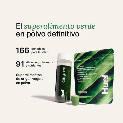 Una imagen de un shaker de Daily Greens, un medidor y una bolsa con información nutricional