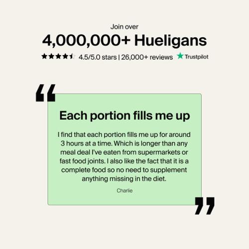 A real review from a Huel customer saying how Huel is easy and tasty, with added stats around Trustpilot reviews