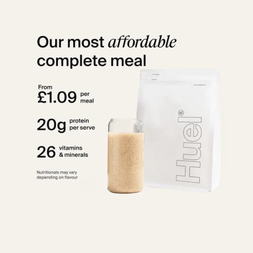 Alt: Huel Essential Powder bag with a prepared shake, alongside text highlighting a starting price of £1.09 per meal, 20g protein per serve, and 26 vitamins and minerals.