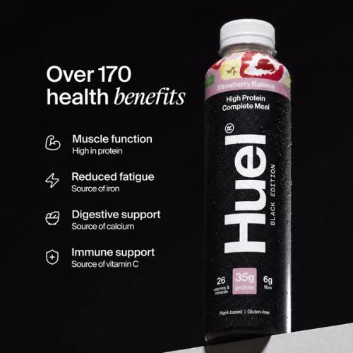Bottle of Huel Ready-to-drink with health benefits written beside it