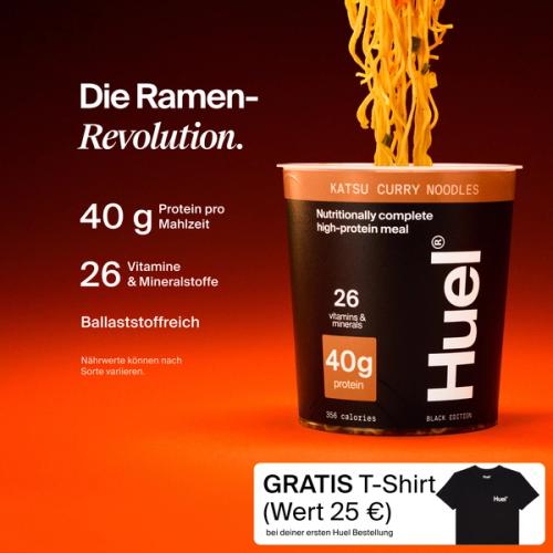 A pot of Huel Black Edition Ramen with Complete Nutrition callouts on a red and black gradient background