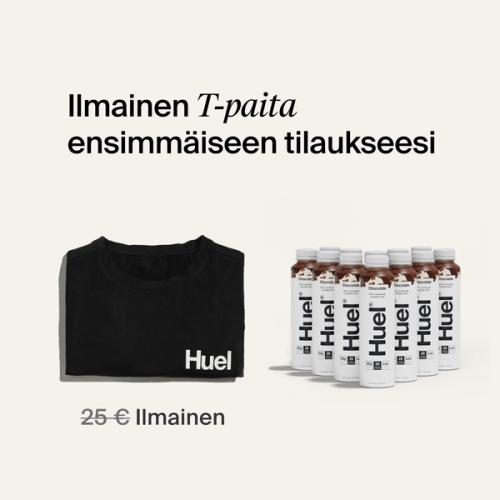 An image of the contents of the Huel Ready-to-drink Welcome Pack including a black Huel t-shirt