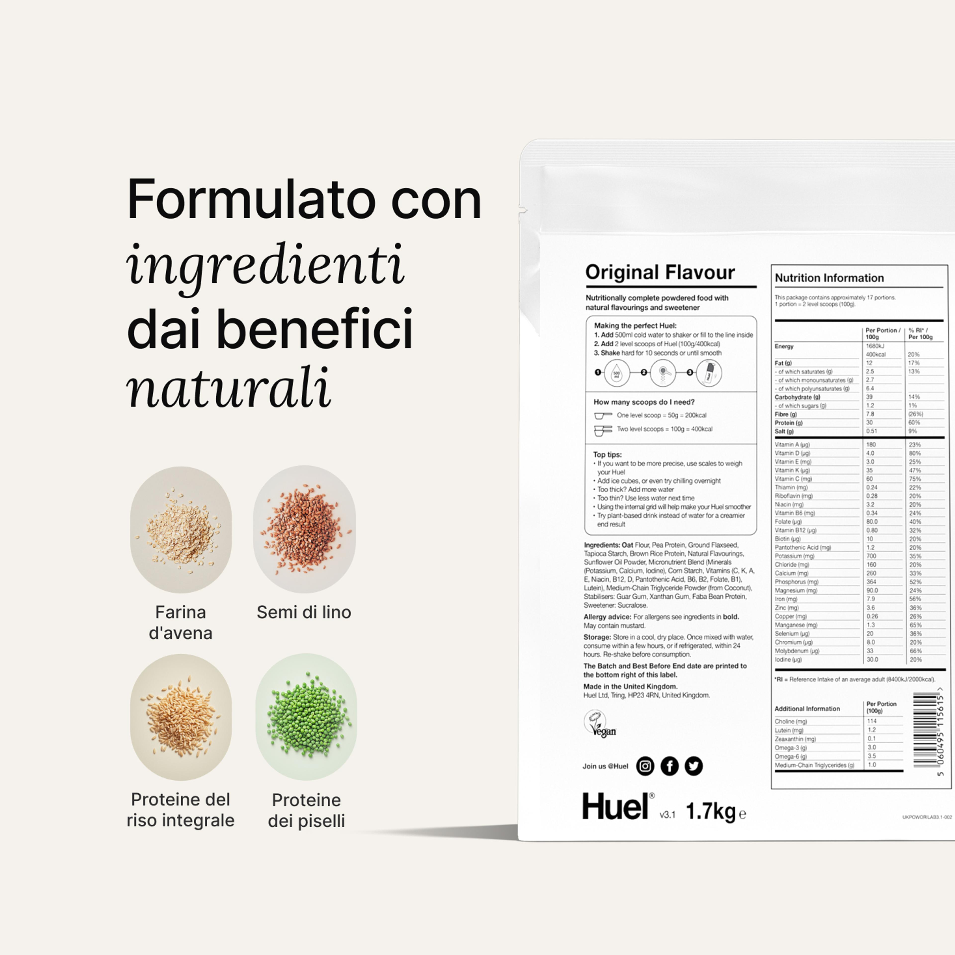 Back of pack nutritional information for Huel Powder