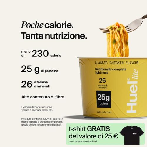 Un contenitore di Ramen Huel Lite con richiami sulla nutrizione completa