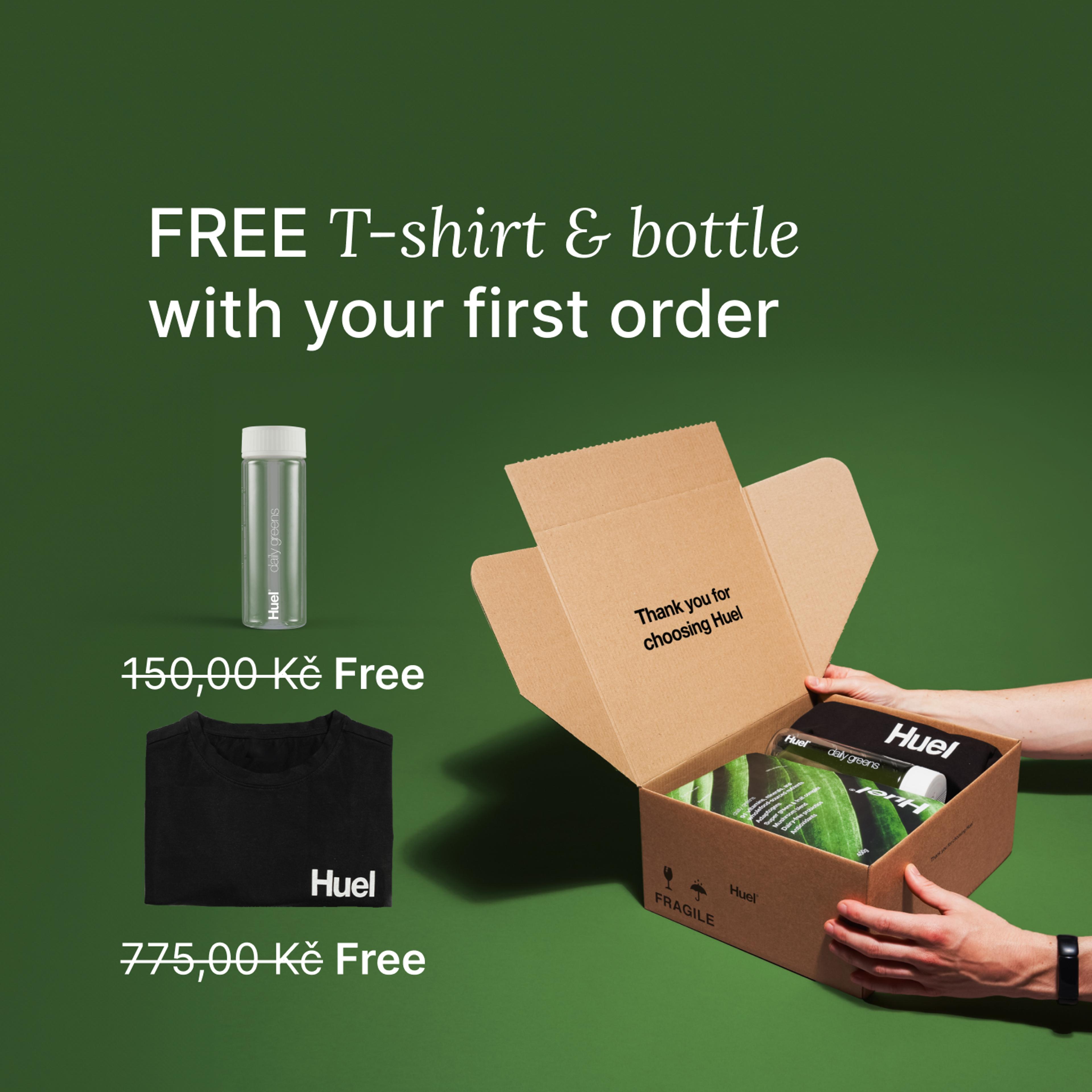 Unboxing a Huel order containing Daily Greens powder, a black Huel t-shirt, and a clear bottle, set against a green background.