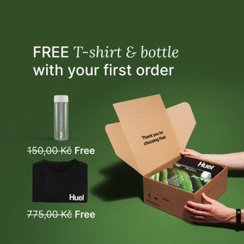 Unboxing a Huel order containing Daily Greens powder, a black Huel t-shirt, and a clear bottle, set against a green background.