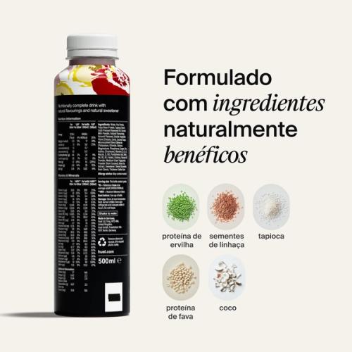 Garrafa de Black Edition RTD com a informação nutricional no verso da embalagem incluída e imagens de ingredientes naturais