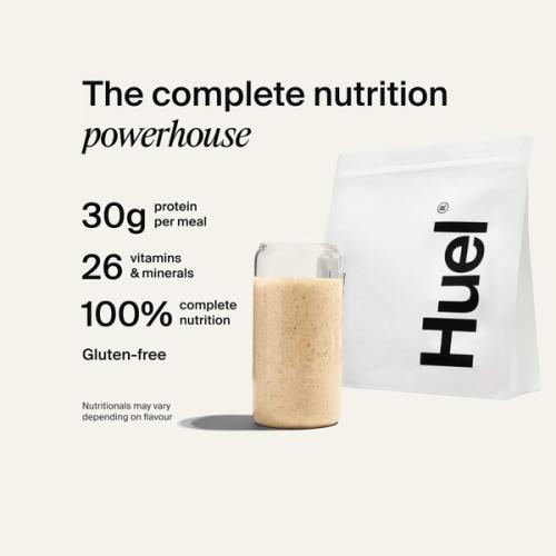 Alt: Huel Powder GF bag with a prepared shake, alongside text highlighting 30g protein per meal, 26 vitamins and minerals, 100% complete nutrition, and that it is gluten-free.
