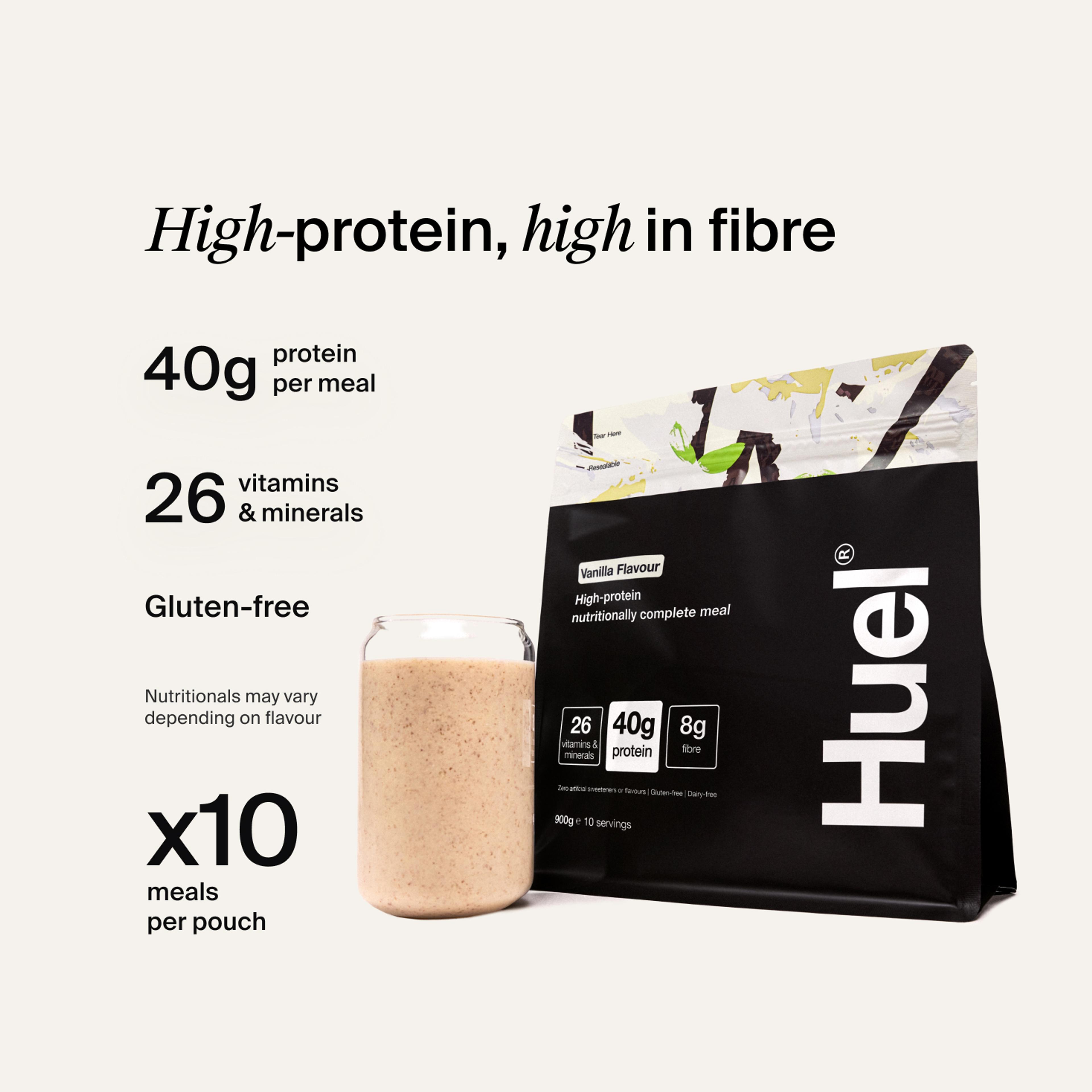 A black bag of Huel vanilla black edition powder next to a glass and nutritional callouts