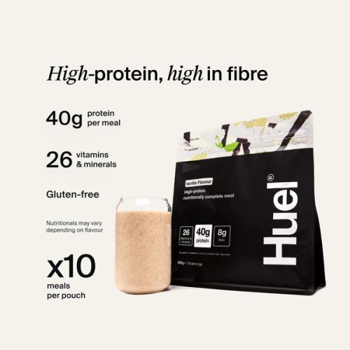 A black bag of Huel vanilla black edition powder next to a glass and nutritional callouts