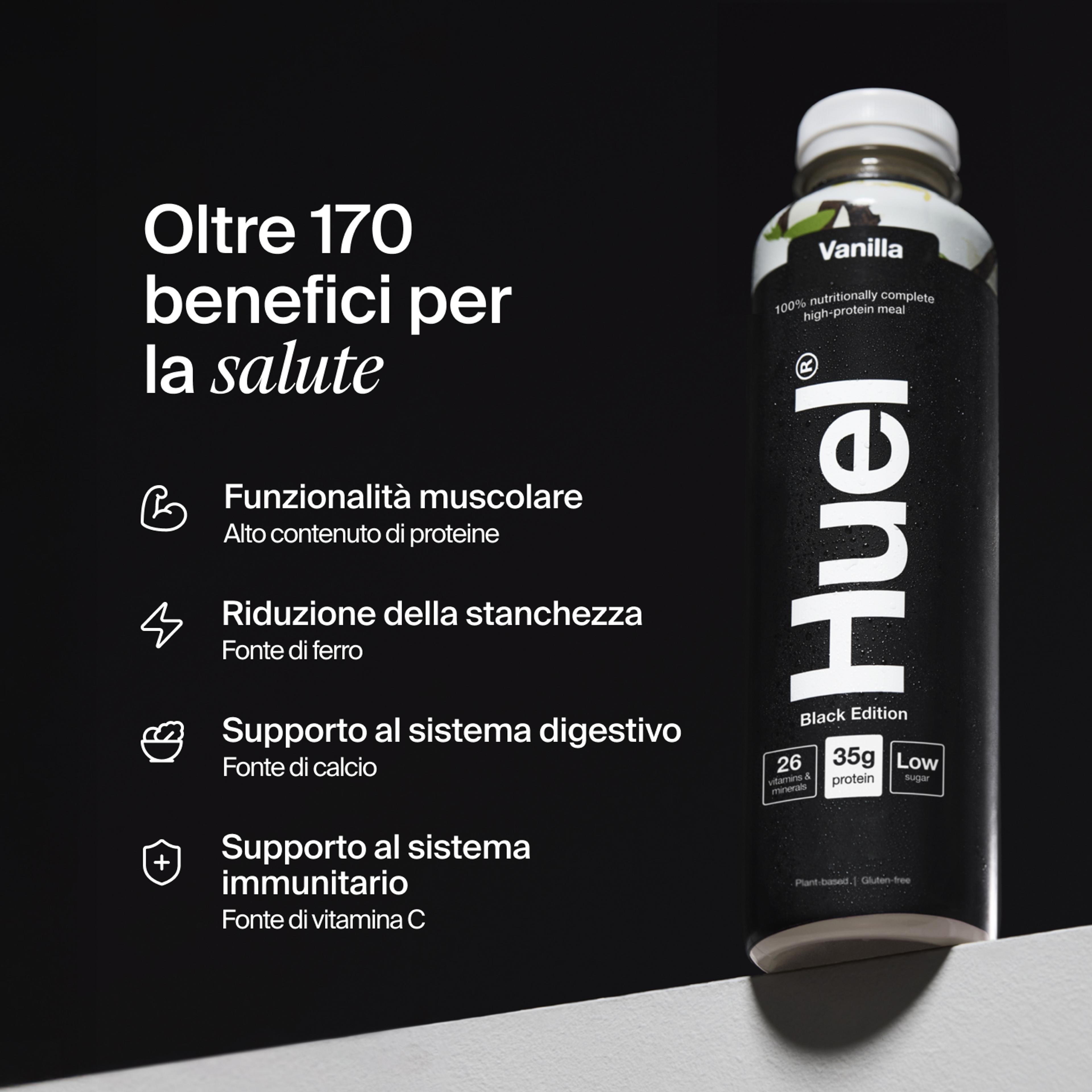 Bottle of Huel Ready-to-drink with health benefits written beside it