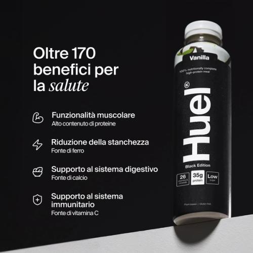 Bottle of Huel Ready-to-drink with health benefits written beside it
