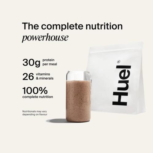 Huel Powder bag with a prepared shake, alongside text highlighting 40g protein, 26 vitamins and minerals, up to 10g fibre, and that it is gluten-free.