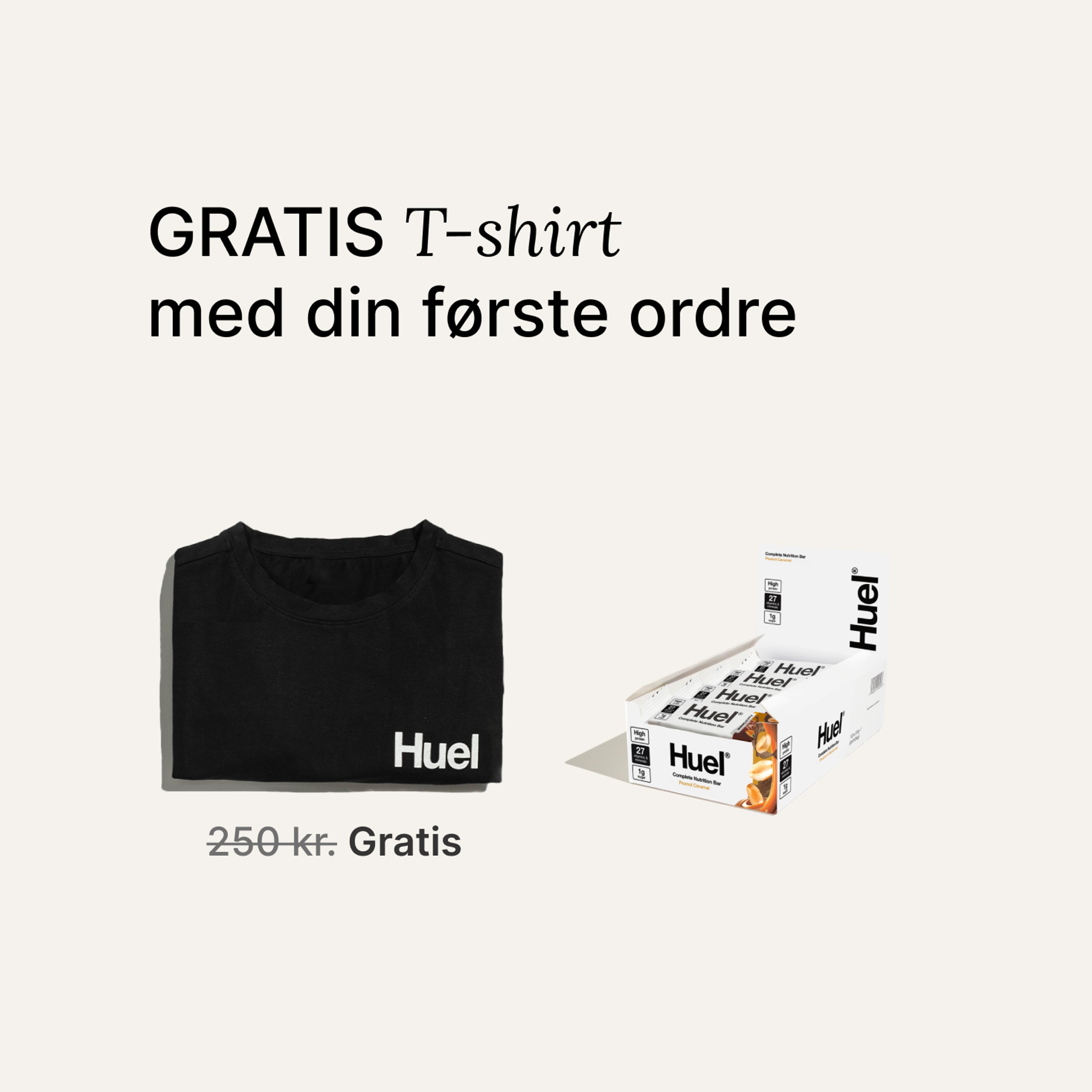 A box of Huel complete nutrition bars on a neutral background next to a black Huel t-shirt